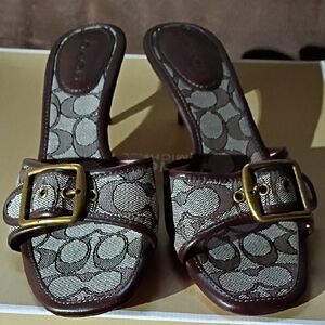 Coach Brown & Cream Signature Canvas Buckle Mules